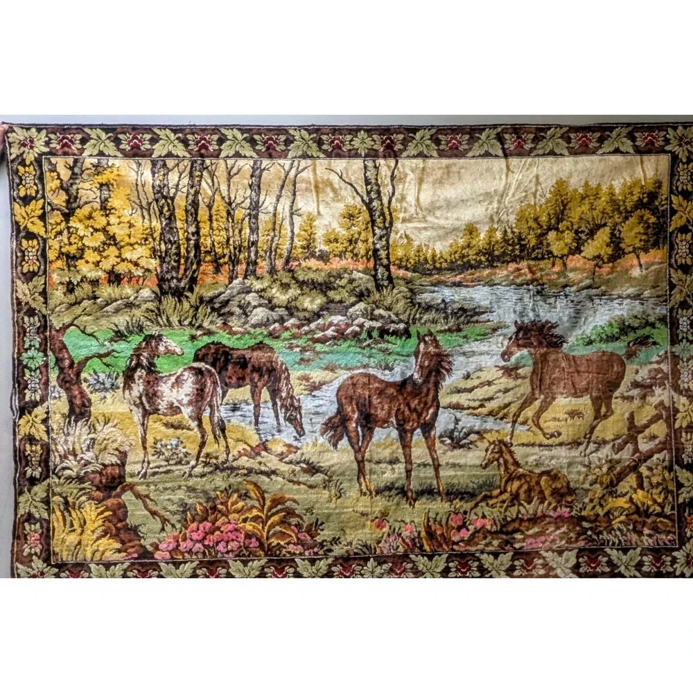 Italian Vintage Velvet Horse Tapestry 4x6 Wild Horses Nature Scene Wall Hanging